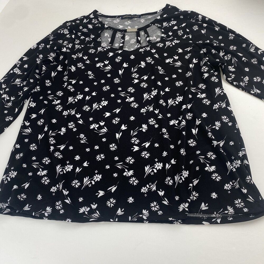 Adrienne Vittadini‎  Woman's Blouse Size XL Black Floral 3/4 Sleeve Lightweight